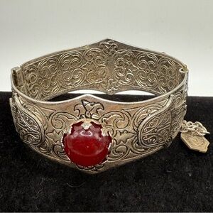 Vintage Silver Hamsa Hinged Bracelet w/ Camels & Red Cabochon